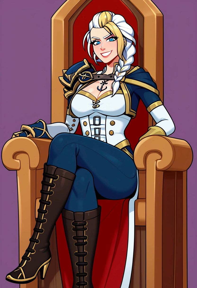 Masterpiece, perfect face,  jaina proudmoore, 1girl, mature female,white hair, blonde hair, streaked hair, single braid, blue eyes, anchor necklace,single pauldron, cape, cropped jacket, corset, detached sleeves, gloves, blue pants, long skirt, single gauntlet, knee boots, cleavage, evil grin, sit on the throne, legs crossed  busty, angle bellow, big tits, visible pussy, 