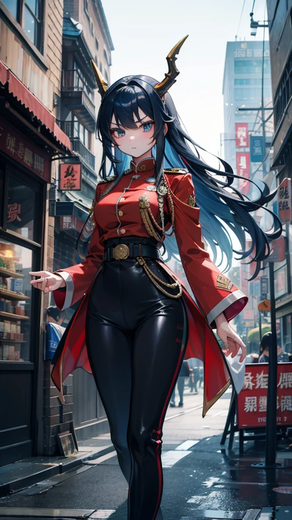 Dragon Girl，Blue hair girl， Blue Hair Long Hair ， Blue Hair Long Hair ，horn，horn，Dragon Horn，Dragon Horn，Dragon Horn，Dragon Horn，Dragon Horn， Wings ，龙 Wings ，蓝色 Wings ，蓝色horn，Military dress， fitted military uniform ，Slim Fit军服，military uniform风格， dress style ，Pants，紧身military uniform裤，Thin waist and wide hips，Fleshy thighs，Tight pants，Slim Fit长裤， tight military pants {x} black pants blue top，蓝色military uniform ，serious，indifferent，indifferentserious， Long Black Hair ，military uniform下摆，military uniform，military uniform，Military dress，系上扣子的Military dress，Slim Fit，Slim Fit礼服，City background， Urban Background ， Street Background ，indifferent，Dark Blue，蓝色uniform，蓝色military uniform