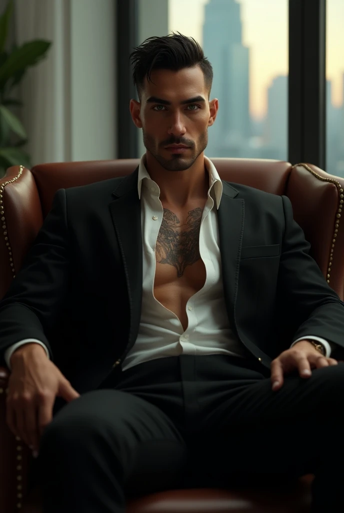 Masterpiece, detailed, 8k, a delicate and graceful full body image of a young handsome mafia, wearing black suit and hat, beard, holding a smoking cigar, sitting on a chair, night vibes, fierce look, big penis inside thight pants, sexy abs, hot pose, erotic scene