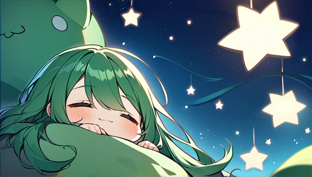 green silk pillow 、I'm burying my face in a pillow、 green long wave hair、night、In a dream、 lots of stars、