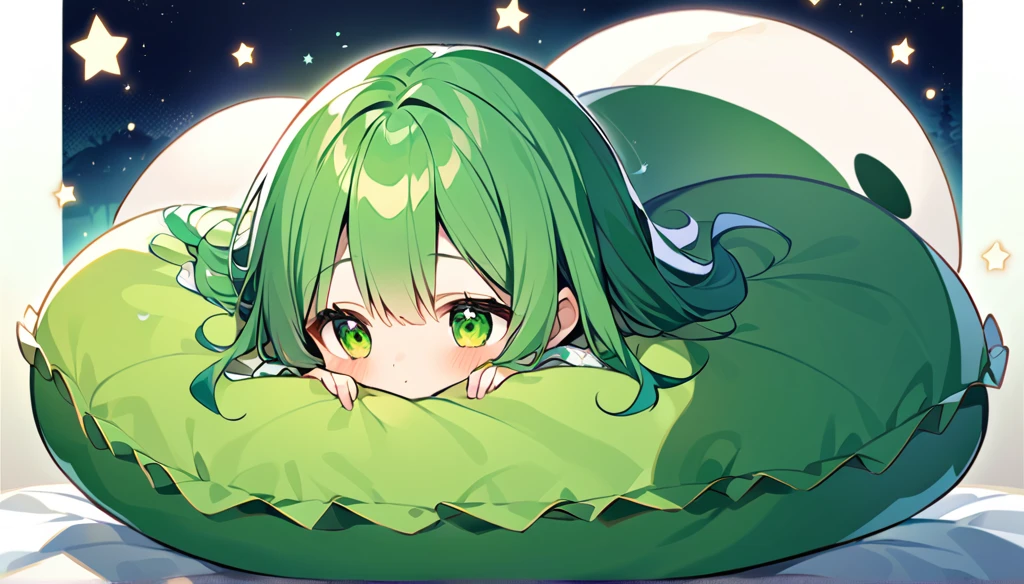 green silk pillow 、I'm burying my face in a pillow、 green long wave hair、night、In a dream、 lots of stars、