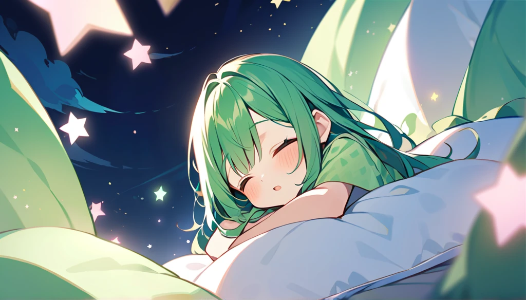 green silk pillow 、I'm burying my face in a pillow、 green long wave hair、night、In a dream、 lots of stars、