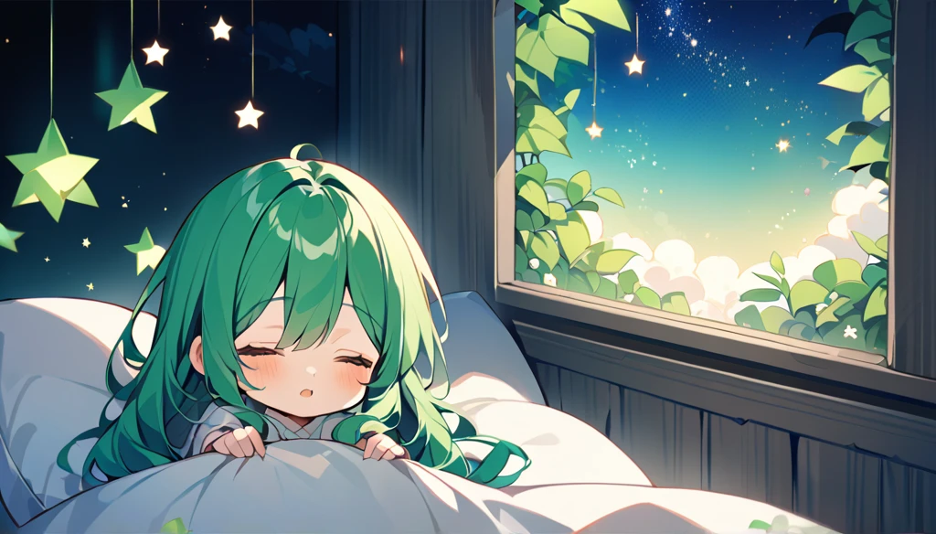 green silk pillow 、I'm burying my face in a pillow、 green long wave hair、night、In a dream、 lots of stars、