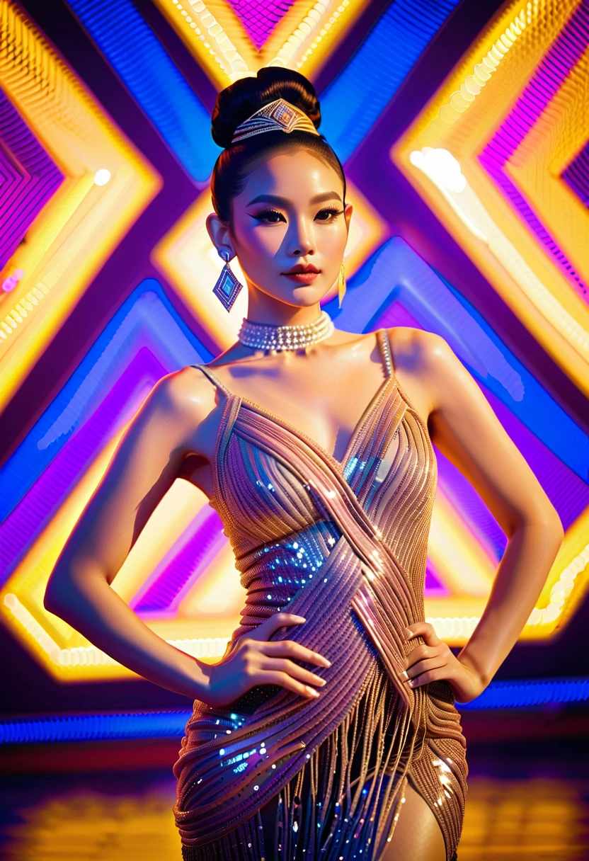 A Thai woman with her hair tied up high in a large, coiled bun reminiscent of traditional Thai hairstyles, wearing a short, gold, fringed sequin Latin dance dress. She’s adorned with fashion diamond earrings and necklace, standing on stage under blue and purple lights. Behind her, there is a purple neon diamond-shaped rhombus, and she’s striking a dance pose on stage.