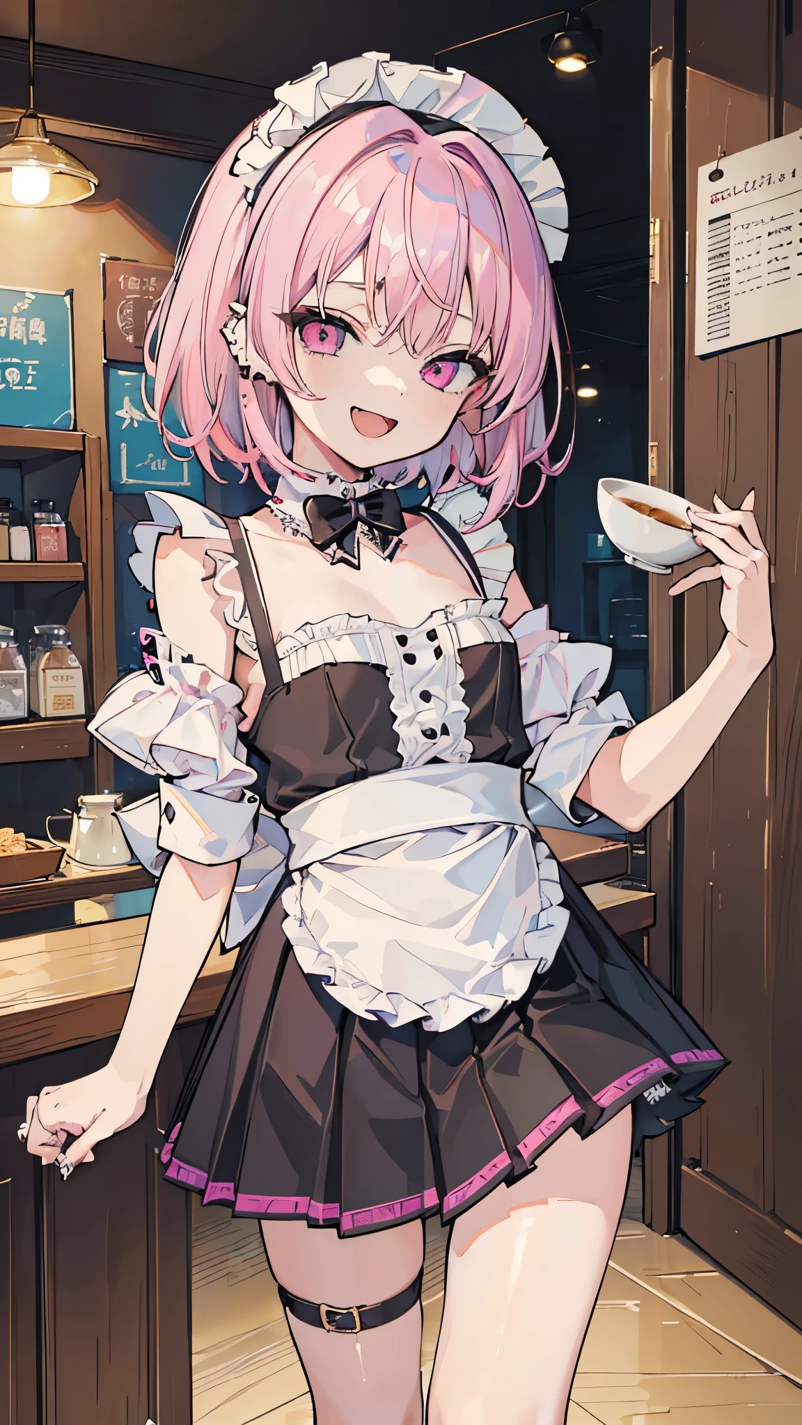 Pink Hair, Pink Eyes、girl、Small breasts、Hair Bun、girl、Small breasts、Bright smile、Looks about 、Petan Musume、He is short、Eye highlights、Sexy thighs、Wearing maid uniform、Have a coffee、Showing armpits