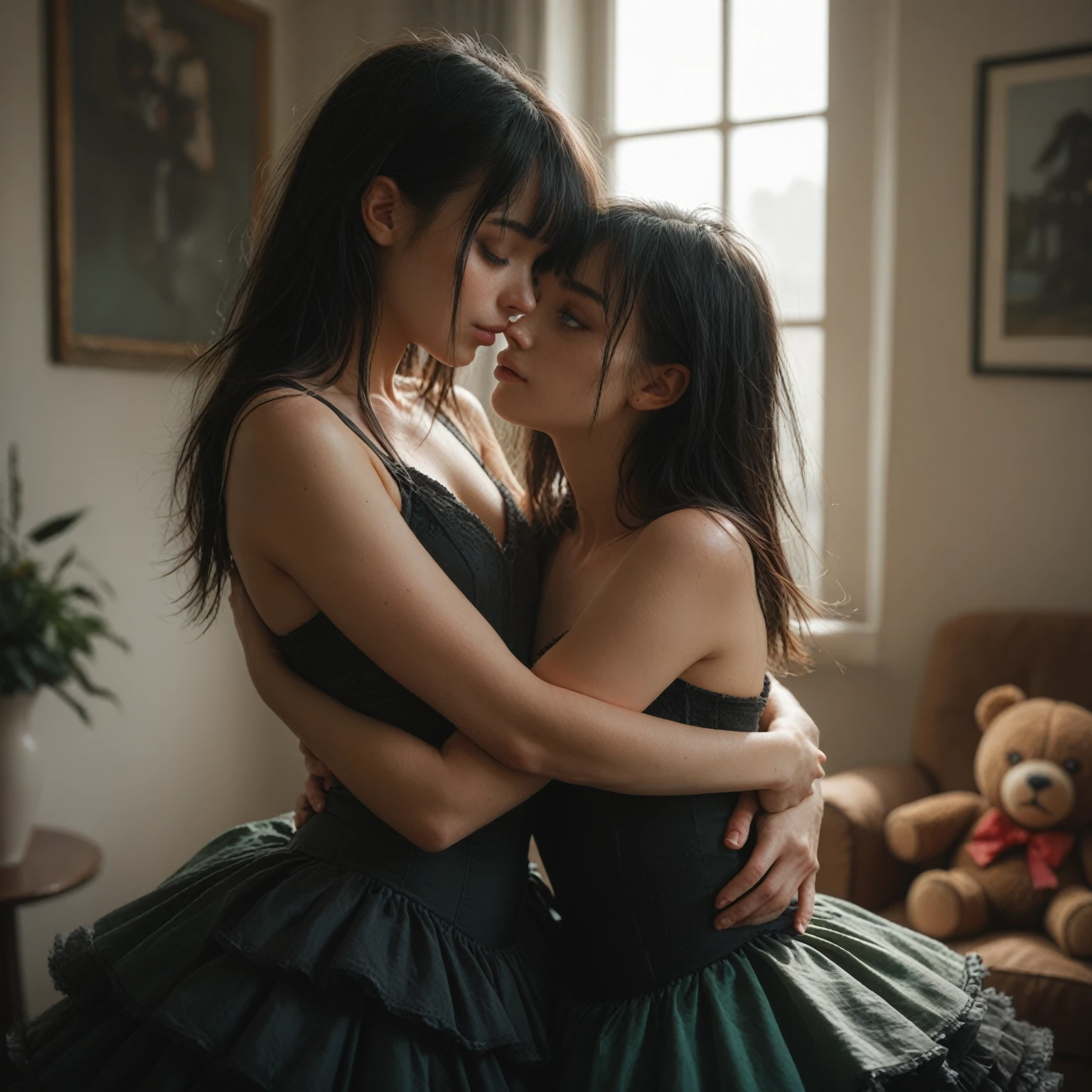  Sexy girl with grunge style black hair and bangs,  green eyes, in a room with a tutu ,  hugging a big teddy bear