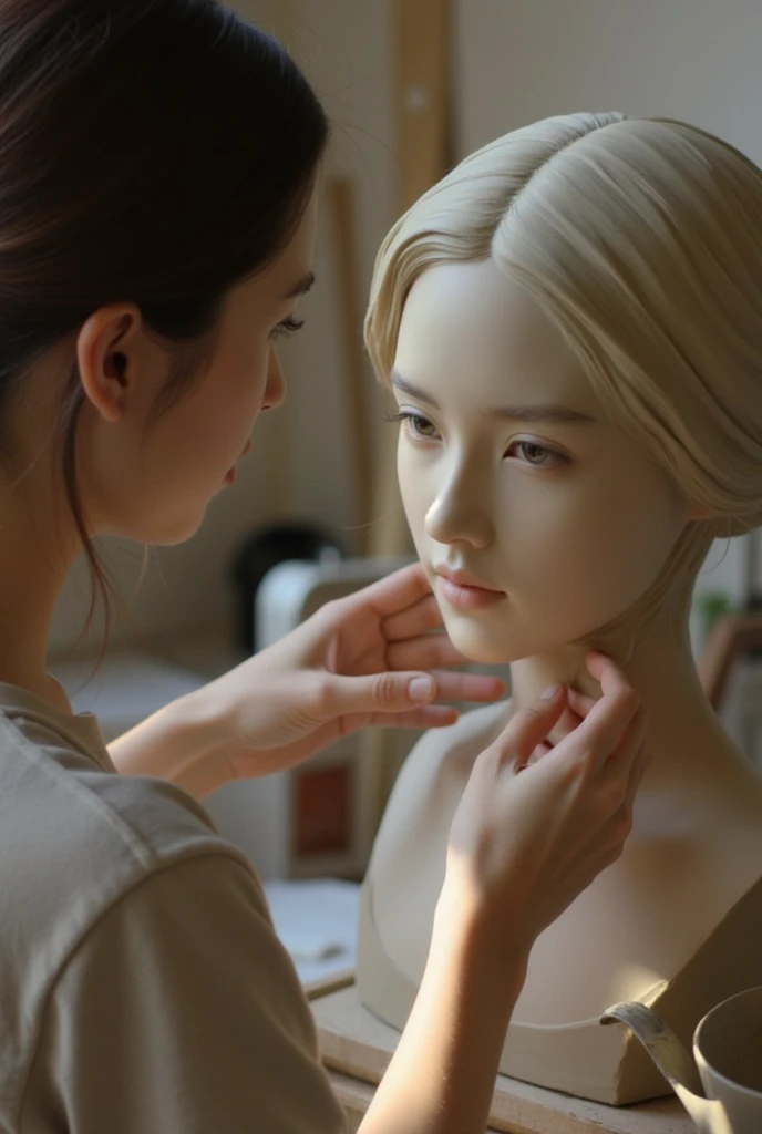 (RAW photo, best quality, masterpiece: 1.2), (photorealistic: 1.4), A delicate, gentle light illuminates the studio, highlighting the sculptor's deft hands as she crafts her masterpiece. The camera frames her focused expression and nimble fingers shaping the clay into a stunning portrait of a beautiful girl. Soft, earthy tones dominate the palette, with subtle highlights on the subject's porcelain skin. The sculptor's hair is tied back, allowing for an unobstructed view of her artistic process.