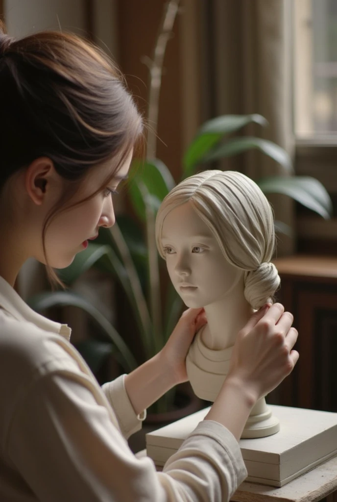 (RAW photo, best quality, masterpiece: 1.2), (photorealistic: 1.4), A delicate, gentle light illuminates the studio, highlighting the sculptor's deft hands as she crafts her masterpiece. The camera frames her focused expression and nimble fingers shaping the clay into a stunning portrait of a beautiful girl. Soft, earthy tones dominate the palette, with subtle highlights on the subject's porcelain skin. The sculptor's hair is tied back, allowing for an unobstructed view of her artistic process.