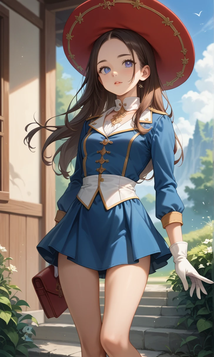 score_9, score_8_up, score_7_up, masterpiece, high res, detailed face, detailed eyes, (source_anime), 1 girl, solo, tall, slender, brown hair. forehead, grey eyes, long hair, blue outfit, short skirt, musketeer hat, red plume, white collar, bare legs, gloves, outdoors, full body, cowboyshot