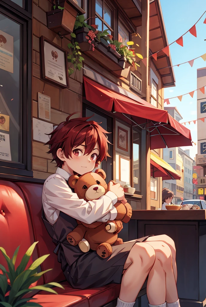 An anime boy sitting on a cafe and he is hugging a teddy bear. His hair is dark red colored 