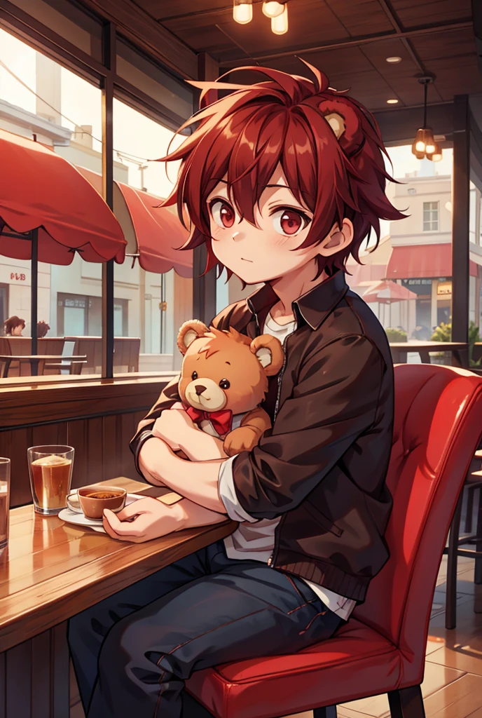 An anime boy sitting on a cafe and he is hugging a teddy bear. His hair is dark red colored 