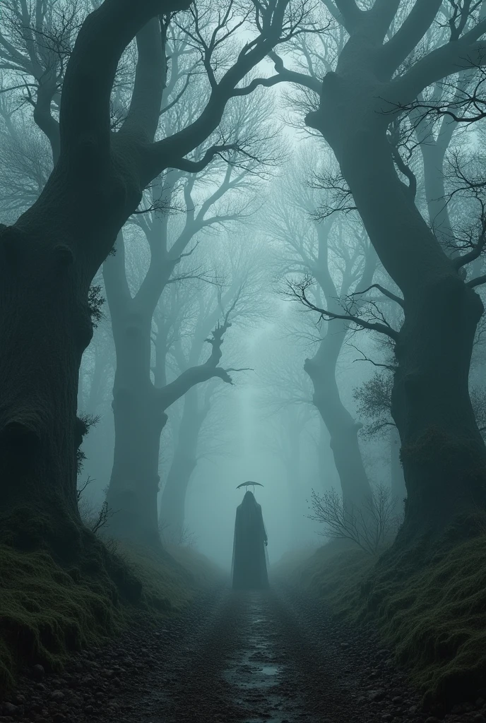 1500's dense woodlands in a dreary foggy forest, highest definition, highest detail, highest quality