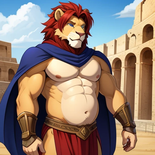 simba, a furry lion, furry, shirtless, muscular, male, masculine, red hair, yellowish fur, detailed blue eyes, hands up behind head, red hairy armpits, cartoony, illustration, sharp focus, smooth colors, short length hair, two blogs haircut, topless, big pecs, alone, single, smooth lining, young guy, youth, dark-blue torned-fabric cape, outdoor, castle, pauldrons, lower armor, dark silver armor