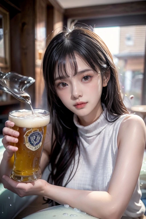 A beautiful young woman sitting in a large glass of ice-cold beer, surrounded by foam. Both of her arms are resting at the rim of the large glass, and her face is serene and lovely. Water droplets cover the sides of the glass, while smoke floats on the ground below, creating a cool atmosphere. Bright colors reflect off the beer glass, enhancing the scene. Captured with a wide-angle lens, the image is a high-resolution, immersive close-up view.