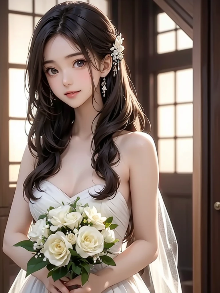  high resolution on down, 8k, Best Quality,  Details, Semi-realistic anime, 3D anime style,  Smooth Anime CG ,  one girl playing pranks,  A 20-year-old Japanese woman , slim, Modeling,  Shiny brown hair ,  Detailsな顔, Beautiful and  Details,  glowing skin  ,  Hard Focus 、 film grain,  soft lighting ,white、 ocean、Droopy eyes、Brown eyes on face、smile、1 female、 woman in prom dress、Smooth Straight、  Detailsな顔、Beautiful Skin、bouquet、bride