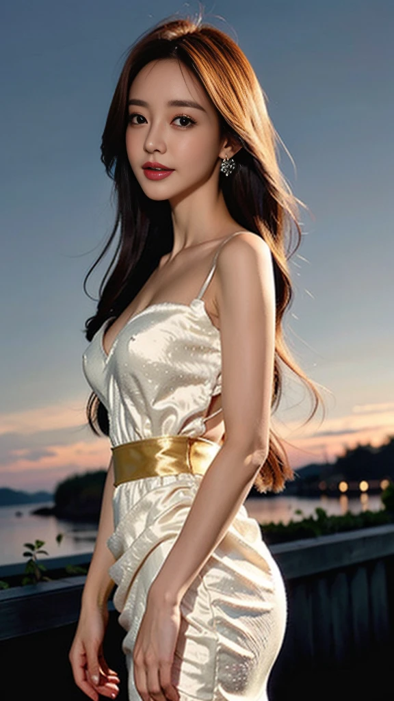 8K, UHD, masterpiece, 1 girl, good face, very long hair, detailed eyes, detailed lips, light makeup, small breasts, ((ornament dress)), yellow dress, ((strap lace)), stocking, in the cloud, cloudy sky, flowers, water, heaven, flying birds, dim lighting, realistic shadow, bloom, ray tracing,