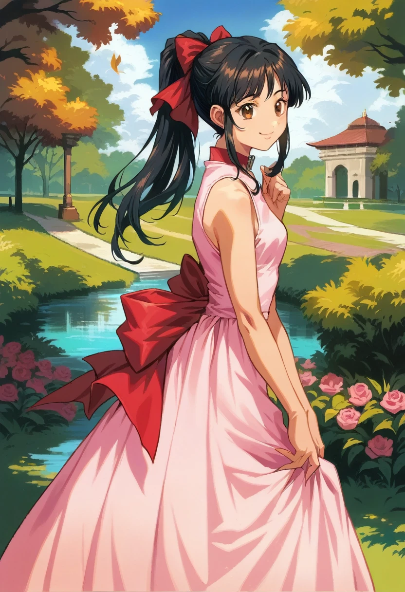 score_9, score_8_up, score_7_up, very aesthetic, source_anime, detailed, high quality, beautiful, masterpiece, 1girl, sakurabase, black hair, hair ribbon, red bow,, brown hair, sidelocks, bangs, ponytail, pink dress, peter pan collar, sleeveless, park, smile, outdoors, smile, looking at viewers, 