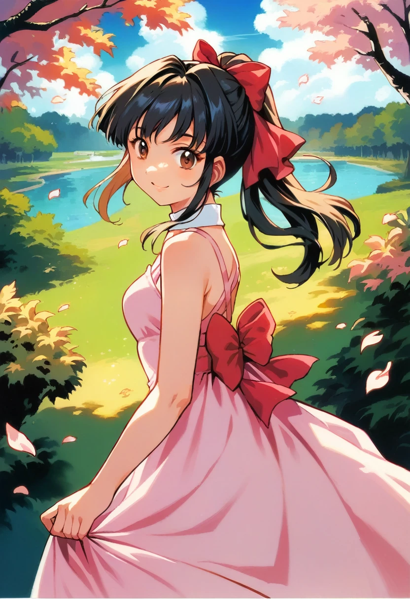 score_9, score_8_up, score_7_up, very aesthetic, source_anime, detailed, high quality, beautiful, masterpiece, 1girl, sakurabase, black hair, hair ribbon, red bow,, brown hair, sidelocks, bangs, ponytail, pink dress, peter pan collar, sleeveless, park, smile, outdoors, smile, looking at viewers, 