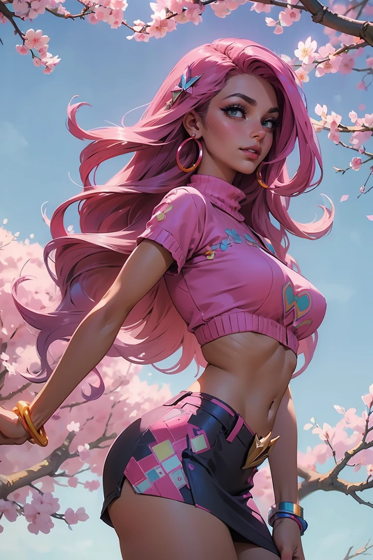 Goddess ((goddess-like woman)), slim elegant silhouette, masterpiece, best quality, (Arcade Miss Fortune/League of Legends), tanned skin, fair skin, cute face, (close angle), (masterpiece:1,2, best quality), (real image, intricate details), (1 lady, solo, medium tits), Big green eyes, kissable lips, full lips, straight hair, long Hair multi-colored hair, (Pink hair), side parting, voluminous side parting, voluminous hair, Long Hair, bracelet, hoop earrings, beautiful face, beautiful eyes, big eyes, irresistible smile, she is wearing a black panties and gray Crop Top and a fuzzy sweater, m3shm1cr0, skirt, short sleeves, midriff, crop top, hairstyle: short half tail, sweet irresistible smile, elegant pose, elegant hands, beautiful hands, perfect fingers , background: sky, Japanese garden cherry trees, cherry blossoms, blue sky