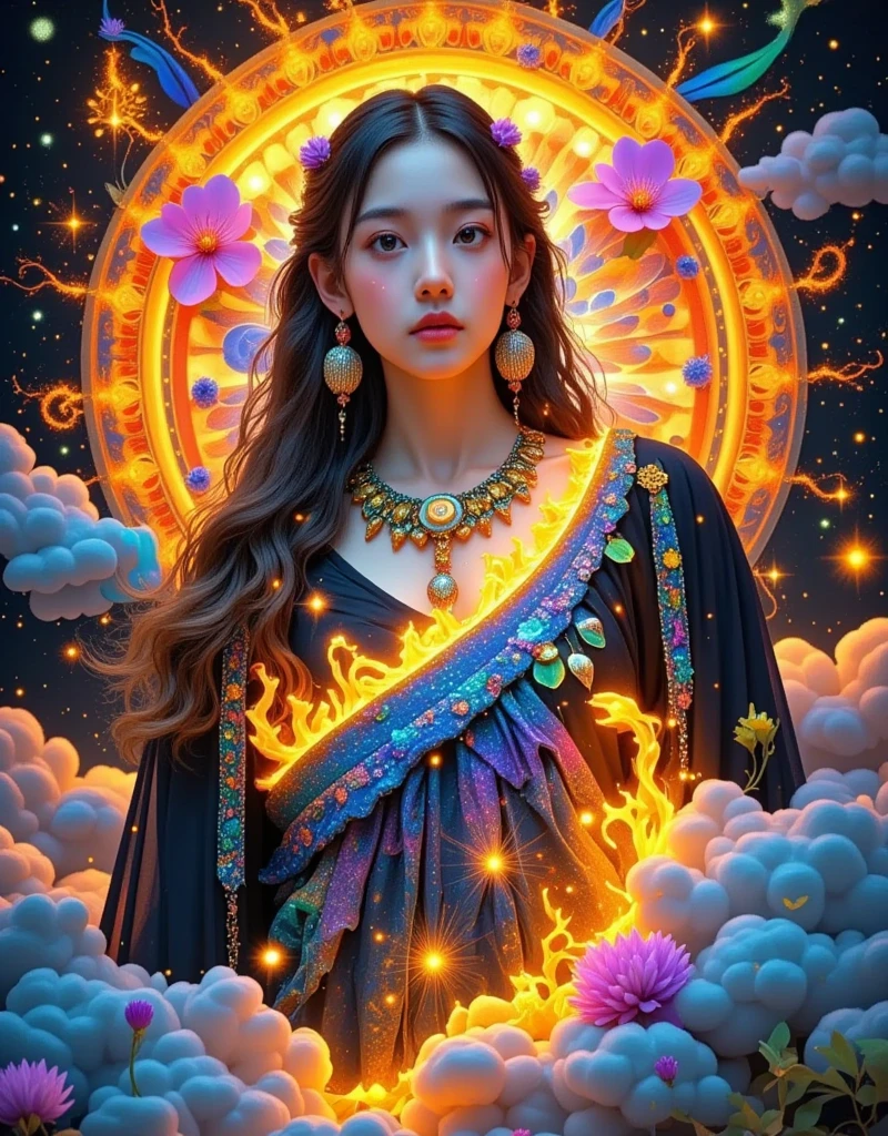  A fiery flame engulfs a girl ，Glowing embers fall all around her ， Her eyes should shine brightly ， The scene should feature a smoky veil and dramatic contrast， Emphasize the original intensity and dangerous beauty of her fiery performance 