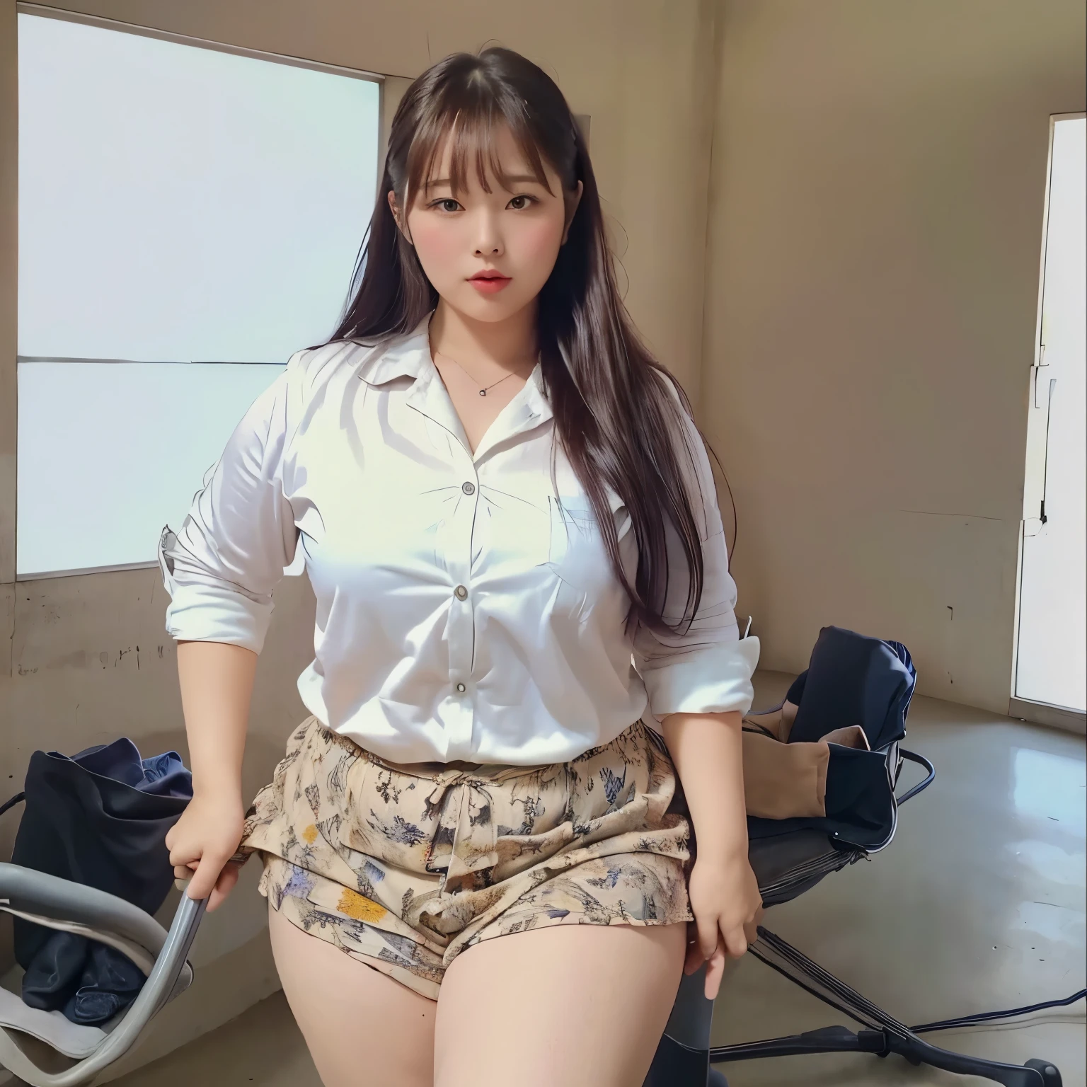 Beautiful, mother-in-law, japanese, voluptuous, shirt, high waist pencil skirt, In the kitchen, seductive expression, panties, cameltoe, from below