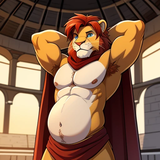 Simba, male, lion, red mullet hairdo, red hairy chest, red hairy armpits, red hairy pubic hair, naked, nudity, no clothes, fully naked, hung penis, testicle, hd 8k, 