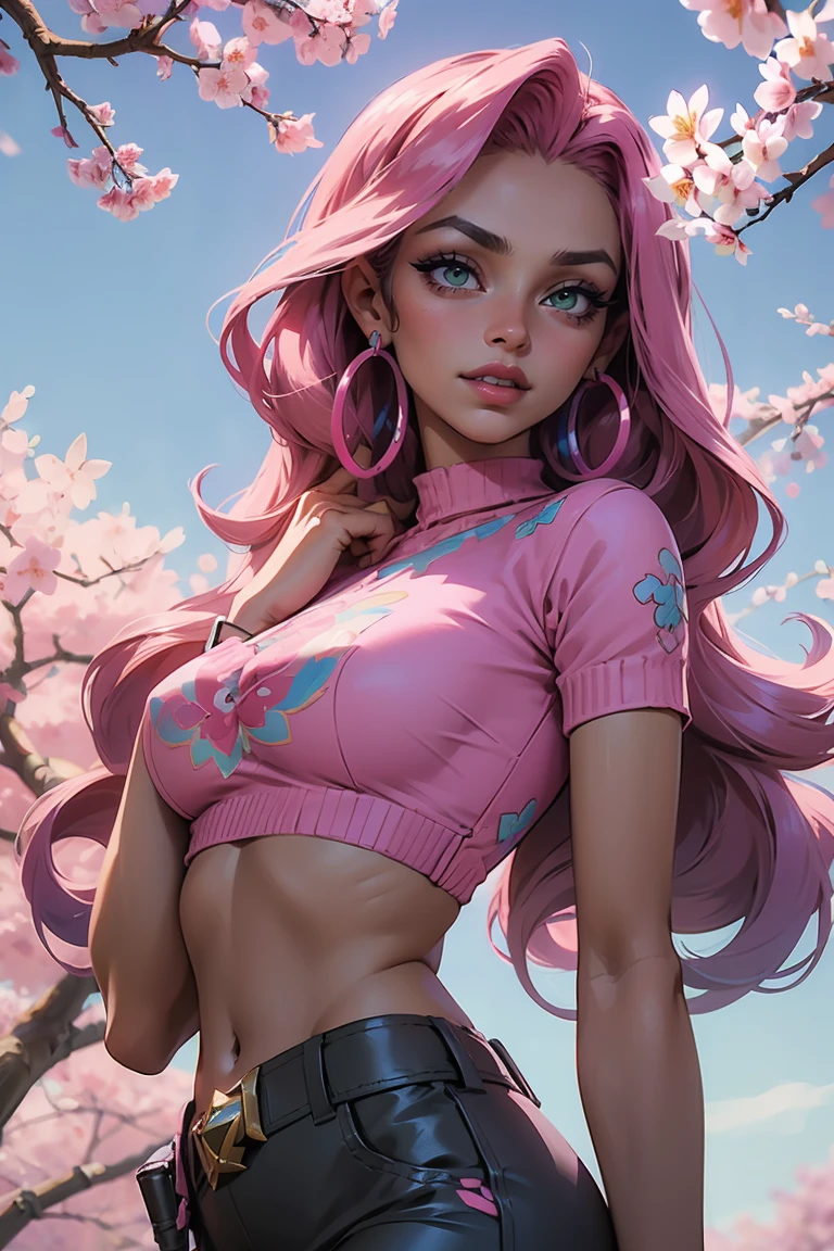 Goddess ((goddess-like woman)), slim elegant silhouette, masterpiece, best quality, (Arcade Miss Fortune/League of Legends), tanned skin, fair skin, cute face, (close angle), (masterpiece:1,2, best quality), (real image, intricate details), (1 lady, solo, medium tits), Big green eyes, kissable lips, full lips, straight hair, long Hair multi-colored hair, (Pink hair), side parting, voluminous side parting, voluminous hair, Long Hair, bracelet, hoop earrings, beautiful face, beautiful eyes, big eyes, irresistible smile, she is wearing a black panties and gray Crop Top and a fuzzy sweater, m3shm1cr0, skirt, short sleeves, midriff, crop top, hairstyle: short half tail, sweet irresistible smile, elegant pose, elegant hands, beautiful hands, perfect fingers , background: sky, Japanese garden cherry trees, cherry blossoms, blue sky