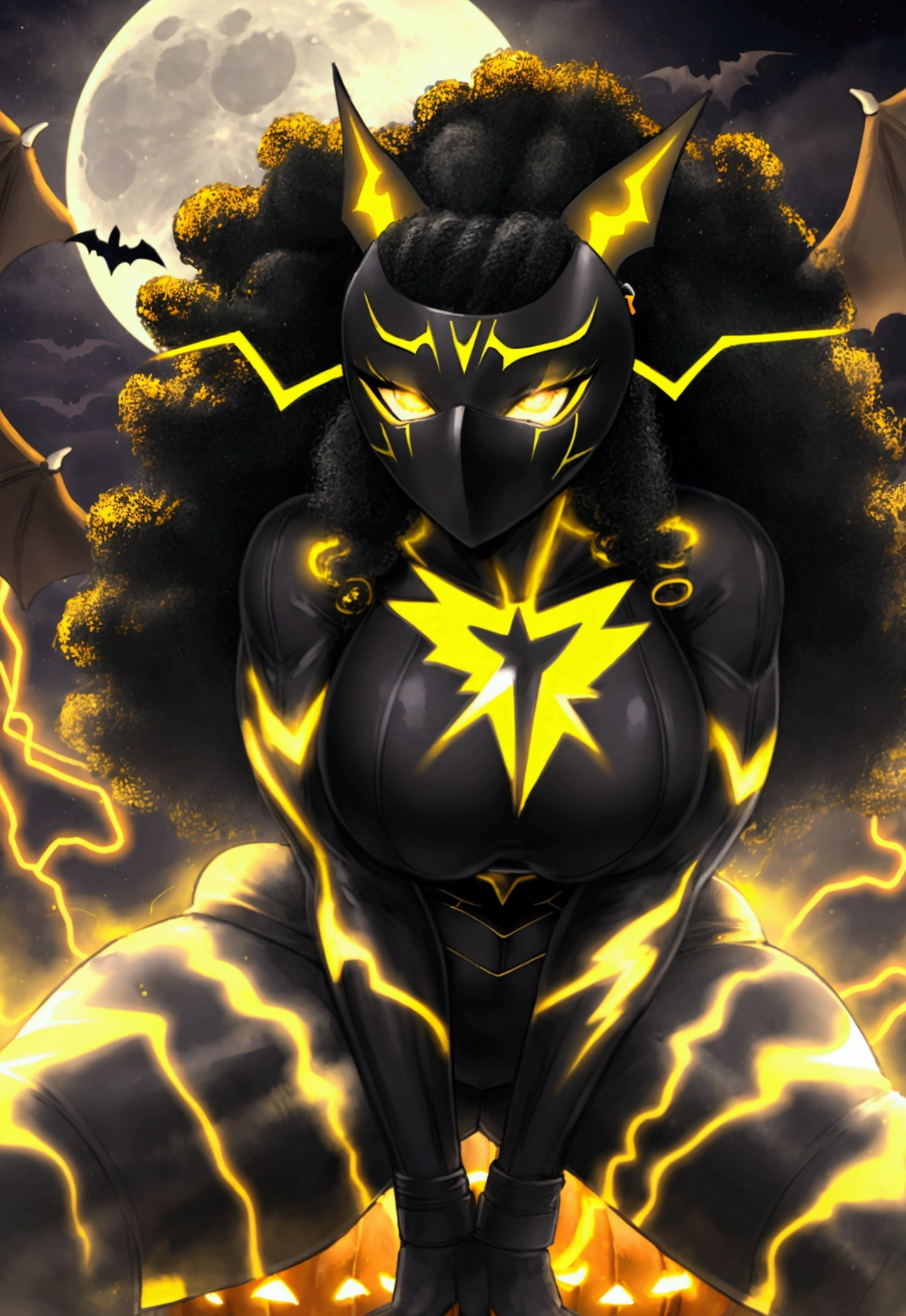 ((detailed beautiful dark skin anime thunder goddess)) curvy thick slim figure, ((dark yellow glowing weather storms in the background)) beautiful breast, beautiful detailed big booty, (dynamic pose) ((black goddess style clothes with glowing yellow lightning marks)) sexy, charm, exited, joy, ((beautiful eyes and face)) ((beautiful dark black long curly Afro with one glowing yellow thunder bolt hair clip)) ((soft lighting)) ((masterpiece)) yellow eyes, ((long black goddess gloves with yellow lightning marks and thunder storm aura)) ((everything with best details and great graphics))