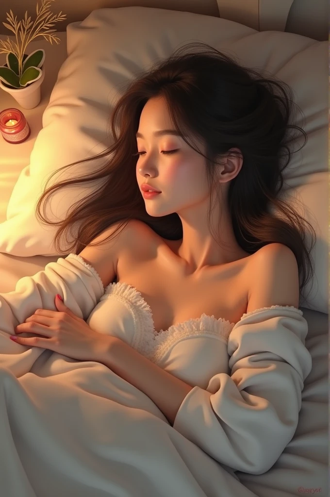 beautiful korean girl looks like 4D painting, 25 yo(1 girl, lying, sleeping, closed eyes) (front above view), straight parting hair, hair bang, hair pin, ideal tits, topless, nipple, deep-v kimono, in bed, night, vibrant colours, studio light, ultra detailed, gentle light, 3D animation