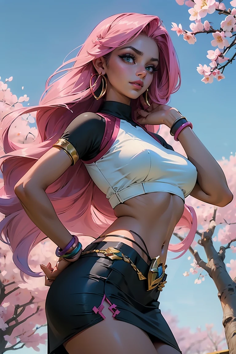 Goddess ((goddess-like woman)), slim elegant silhouette, masterpiece, best quality, (Arcade Miss Fortune/League of Legends), tanned skin, fair skin, cute face, (close angle), (masterpiece:1,2, best quality), (real image, intricate details), (1 lady, solo, medium tits), Big green eyes, kissable lips, full lips, straight hair, long Hair multi-colored hair, (Pink hair), side parting, voluminous side parting, voluminous hair, Long Hair, bracelet, hoop earrings, beautiful face, beautiful eyes, big eyes, irresistible smile, she is wearing a black panties and gray Crop Top fuzzy sweater, m3shm1cr0, skirt, short sleeves, midriff, crop top, hairstyle: short half tail, sweet irresistible smile, elegant pose, elegant hands, beautiful hands, perfect fingers , background: sky, Japanese garden cherry trees, cherry blossoms, blue sky