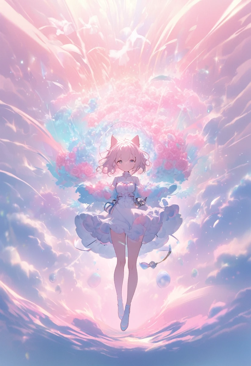  cute white girl cat angel、(( Full Body Shot :1.2))、 facing the front、 floats up and flies like a helicopter、 Plastic Rapier Glowing Rose Pink、 Spin Vigorously Over Her Head 、Afterimage、streamline、Pastel Grass 、Shake、 horizon 、In the pastel fog 