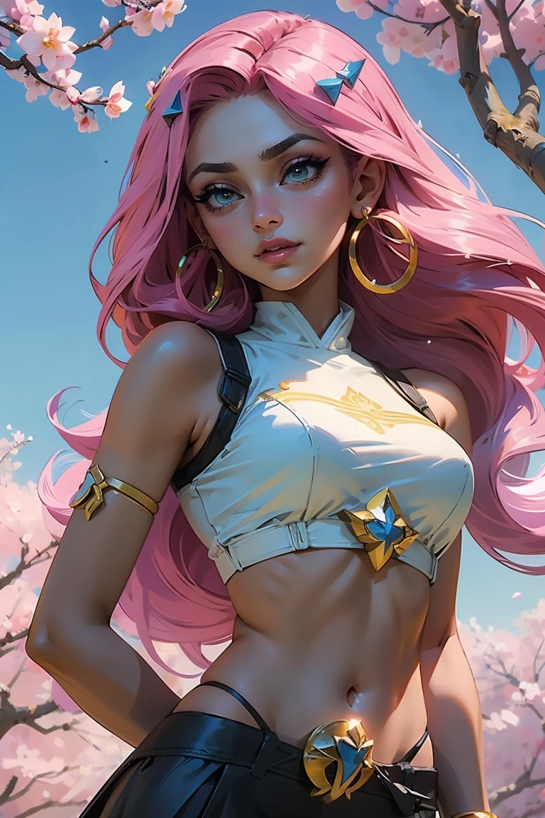 Goddess ((goddess-like woman)), slim elegant silhouette, masterpiece, best quality, (Arcade Miss Fortune/League of Legends), tanned skin, fair skin, cute face, (close angle), (masterpiece:1,2, best quality), (real image, intricate details), (1 lady, solo, medium tits), Big green eyes, kissable lips, full lips, straight hair, long Hair multi-colored hair, (Pink hair), side parting, voluminous side parting, voluminous hair, Long Hair, bracelet, hoop earrings, beautiful face, beautiful eyes, big eyes, irresistible smile, she is wearing a black panties and gray Crop Top fuzzy sweater, m3shm1cr0, skirt, short sleeves, midriff, crop top, hairstyle: short half tail, sweet irresistible smile, elegant pose, elegant hands, beautiful hands, perfect fingers , background: sky, Japanese garden cherry trees, cherry blossoms, blue sky