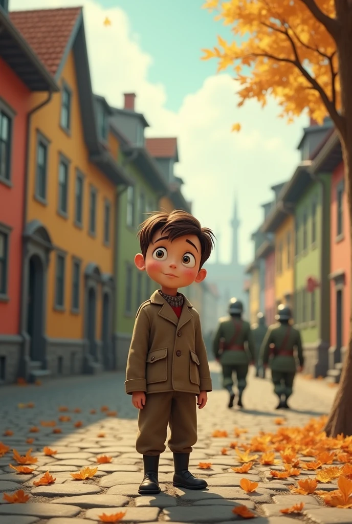 A 5-year-old boy walking down a dark, deserted street in search of a red balloon, just a balloon, that is loose in the air, dangerous situation, Alone boy, far from home, lost on the way to school, アニメ, fotografia de cinema, hyper realistic