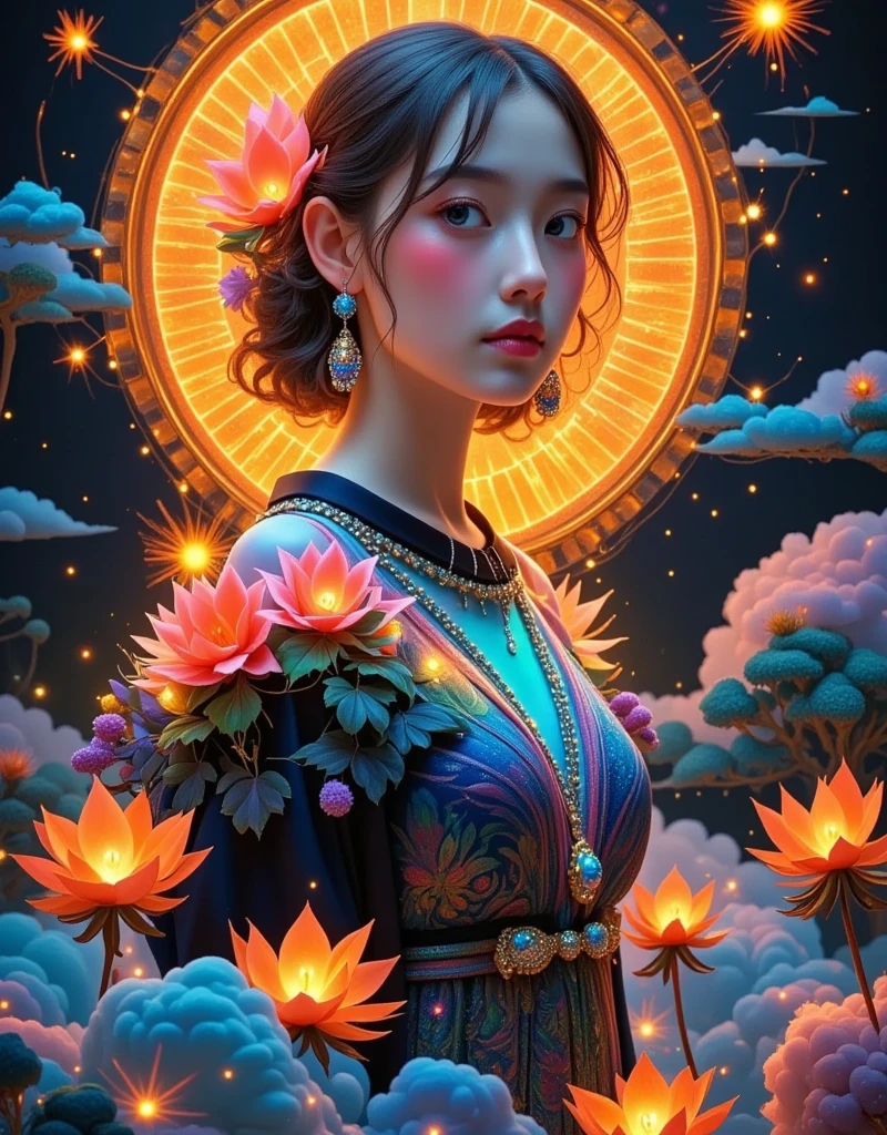  A fiery flame engulfs a girl ，Glowing embers fall all around her ， Her eyes should shine brightly ， The scene should feature a smoky veil and dramatic contrast， Emphasize the original intensity and dangerous beauty of her fiery performance 