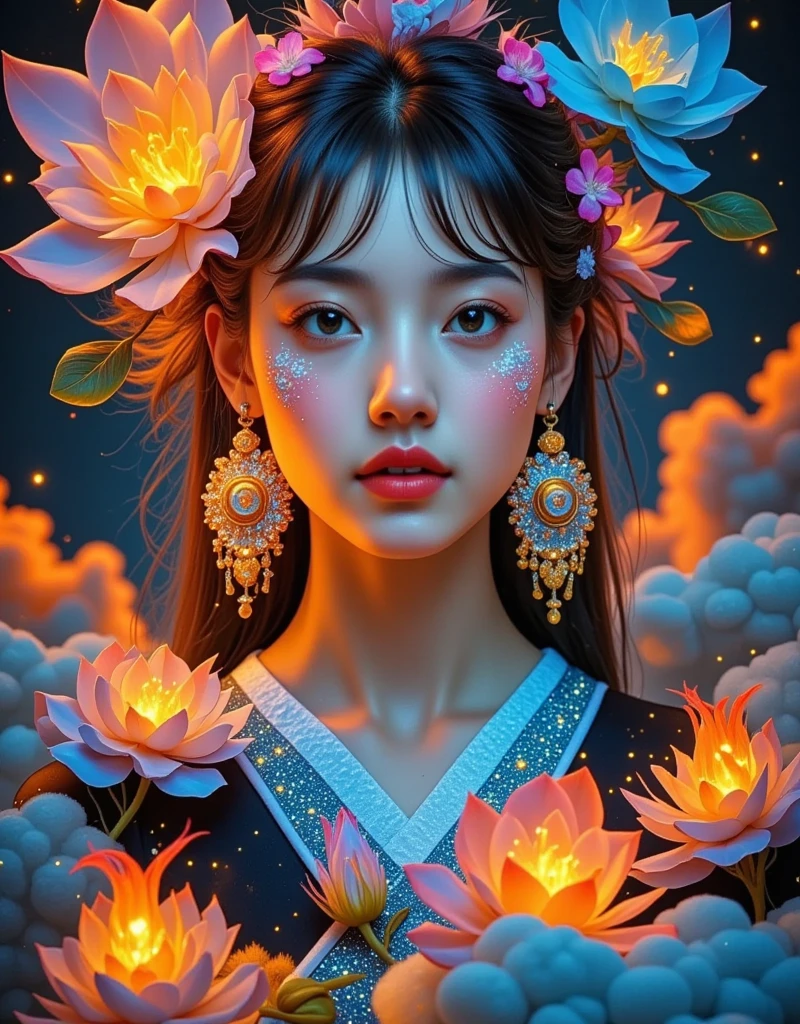  A fiery flame engulfs a girl ，Glowing embers fall all around her ， Her eyes should shine brightly ， The scene should feature a smoky veil and dramatic contrast， Emphasize the original intensity and dangerous beauty of her fiery performance 