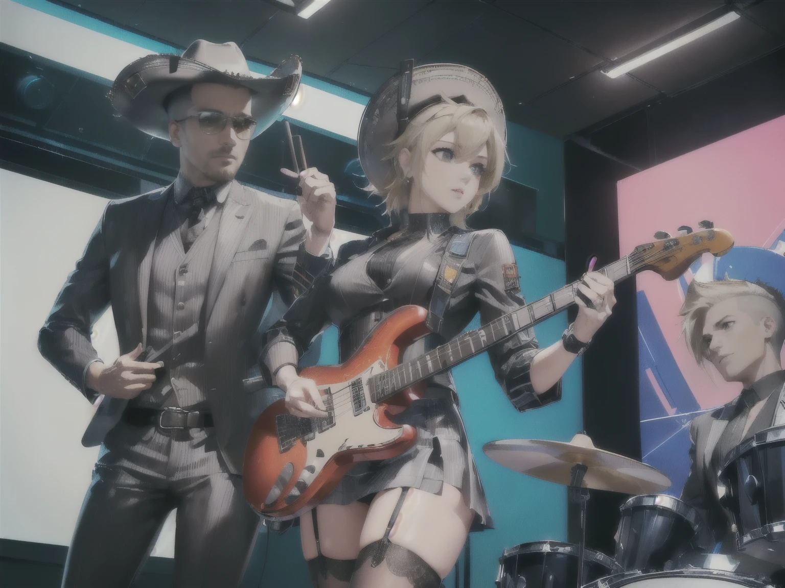 ((best quality, 4k, 8k, highres, masterpiece:1.2, ultra-detailed,Correct Anatomy)),((Woman: mature woman, black eyes, blond hair, Clothing: Gray suit, mini skirt,Garter Stockings,Playing electric guitar)), (((Rockabilly, Cowgirl,Cowboy hat))), (((Male: Businessman, Hairstyle: Mohawk,Clothing:Suit on top, pants on bottom,Playing drums))), (((Two members,Helping with play))),Android, Robot,((cyberpunk)),punk,guitar,drums,((cyber city)),(((Lively and active characters)))