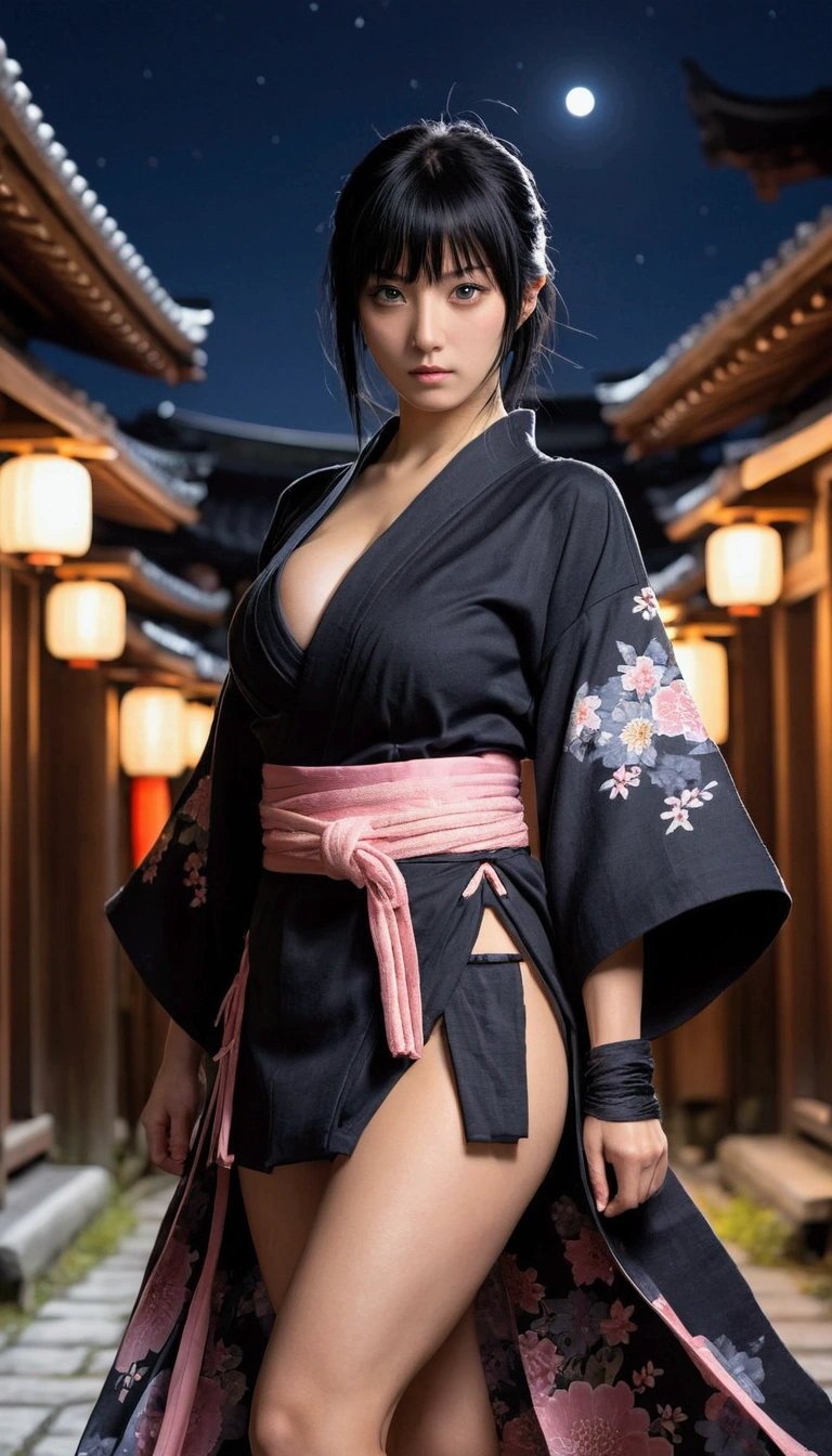 (photo realistic:1.4), (hyper realistic:1.4), (realistic:1.3),(increase cinematic lighting quality:0.9),Elaborate female ninja,huge butt,Elaborate patterns ninja mask,Elaborate patterns Ninja cape,Elaborate patterns Ninja hood,Slingshot swimsuit,carries a Japanese sword on his back,(twilight:1.2),japanes City of the period drama