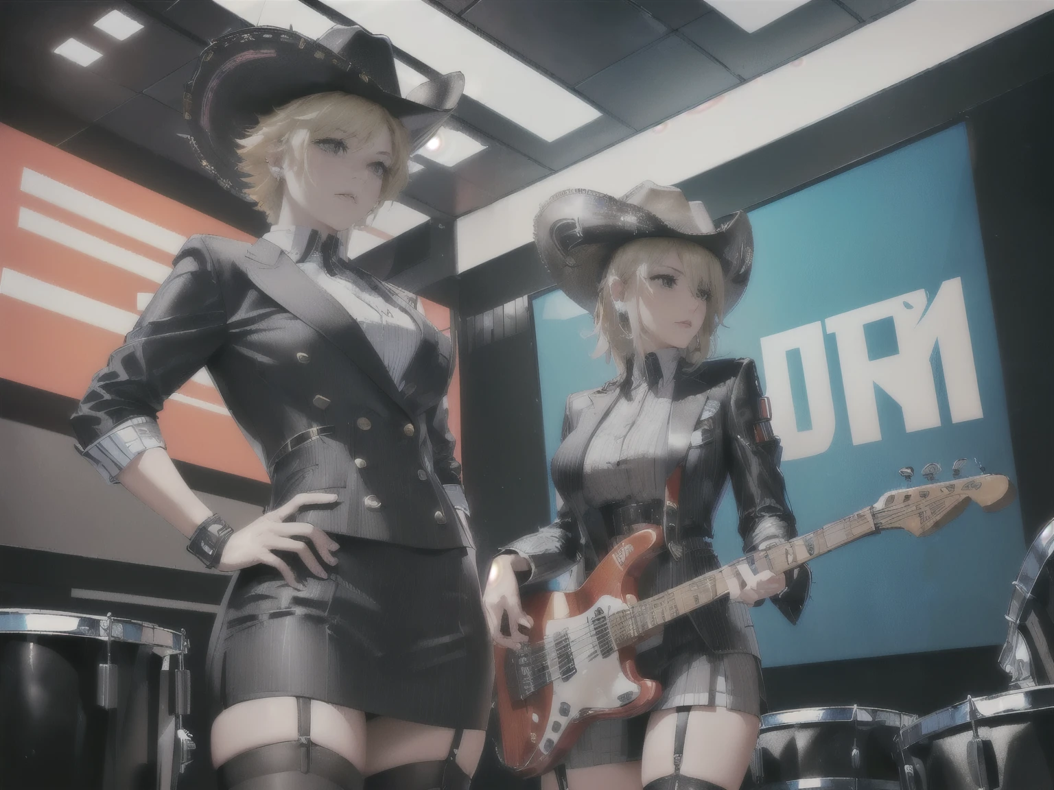 ((best quality, 4k, 8k, highres, masterpiece:1.2, ultra-detailed,Correct Anatomy)),((Woman: mature woman, black eyes, blond hair, Clothing: Gray suit, mini skirt,Garter Stockings,Playing electric guitar)), (((Rockabilly, Cowgirl,Cowboy hat))), (((Male: Businessman, Hairstyle: Mohawk,Clothing:Suit on top, pants on bottom,Playing drums))), (((Two members,Helping with play))),Android, Robot,((cyberpunk)),punk,guitar,drums,((cyber city)),(((Lively and active characters)))