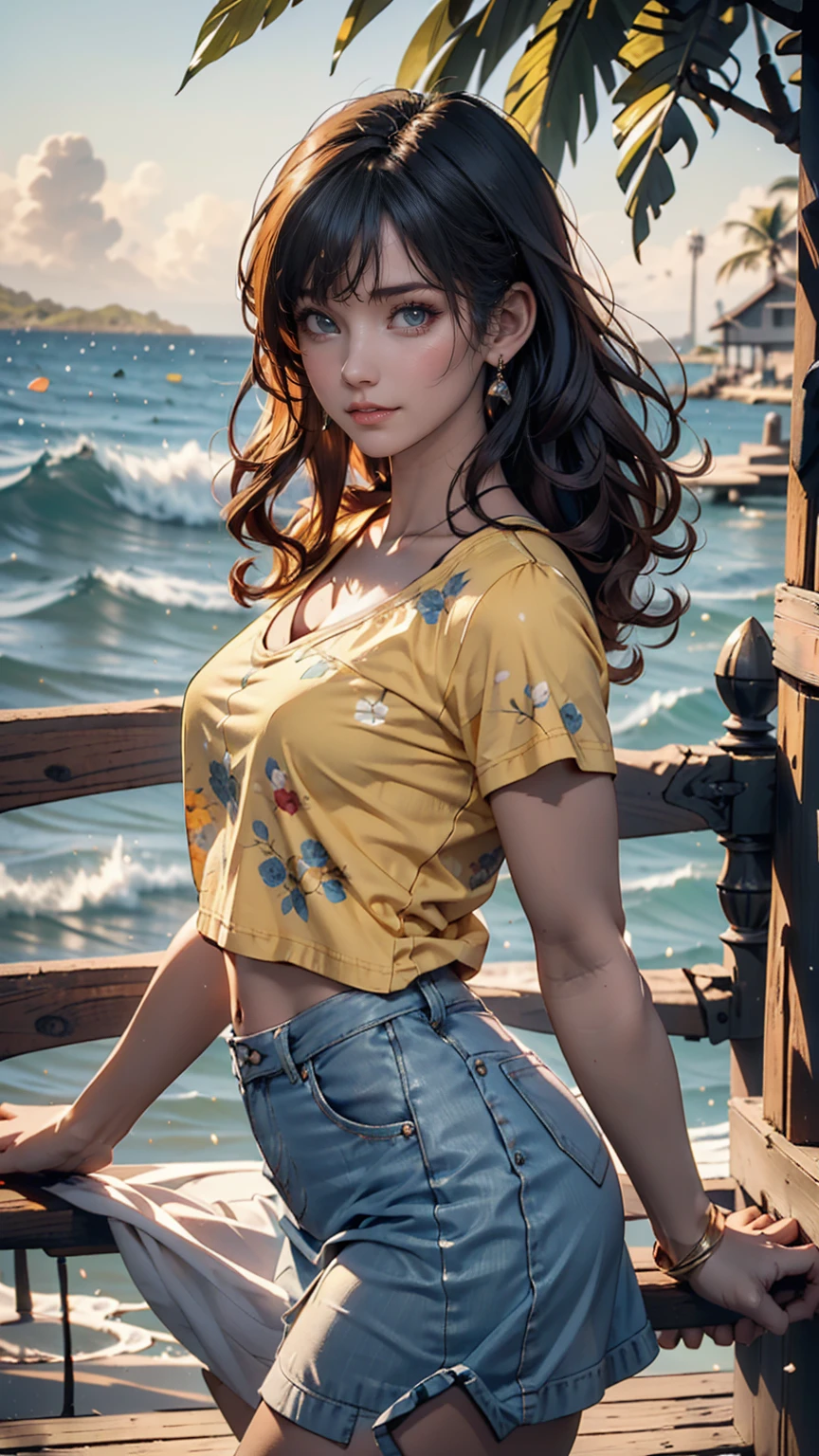 Ultra-realistic, 4K,  professional photography, 22-year-old girl, Black girl, Big Curly Hair,  high resolution on down,   detail face , Medium bodied, Yellow floral skirt, ( open blue shirt), masterpiece, (illumination), (1 Solo), Ocean Background, Realistic Background,   REAL PICTURES