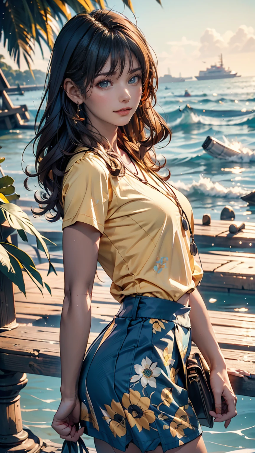 Ultra-realistic, 4K,  professional photography, 22-year-old girl, Black girl, Big Curly Hair,  high resolution on down,   detail face , Medium bodied, Yellow floral skirt, ( open blue shirt), masterpiece, (illumination), (1 Solo), Ocean Background, Realistic Background,   REAL PICTURES