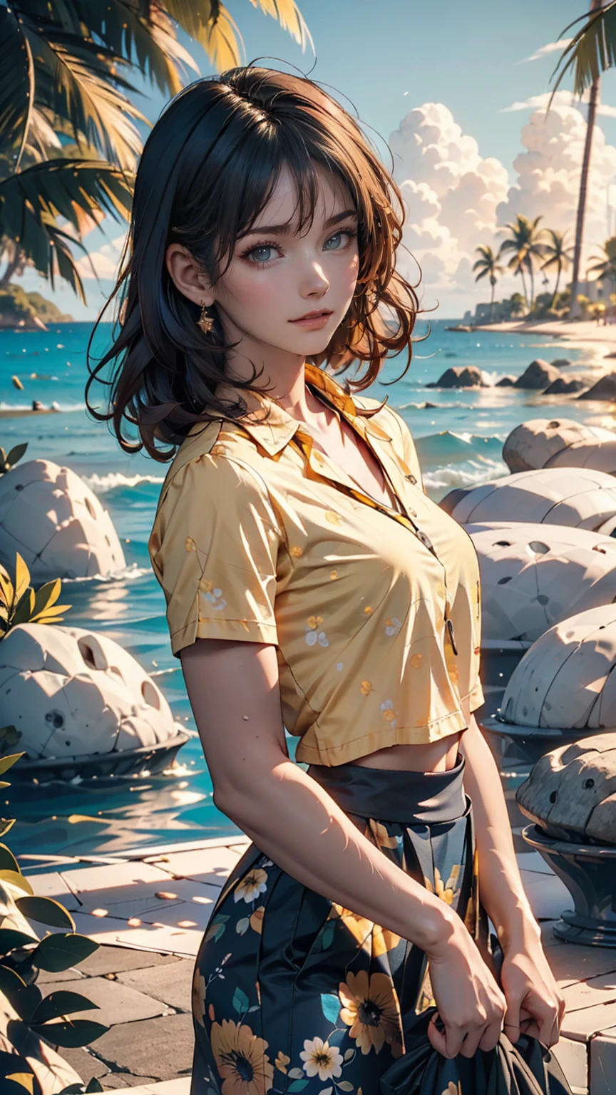 Ultra-realistic, 4K,  professional photography, 22-year-old girl, Black girl, Big Curly Hair,  high resolution on down,   detail face , Medium bodied, Yellow floral skirt, ( open blue shirt), masterpiece, (illumination), (1 Solo), Ocean Background, Realistic Background,   REAL PICTURES