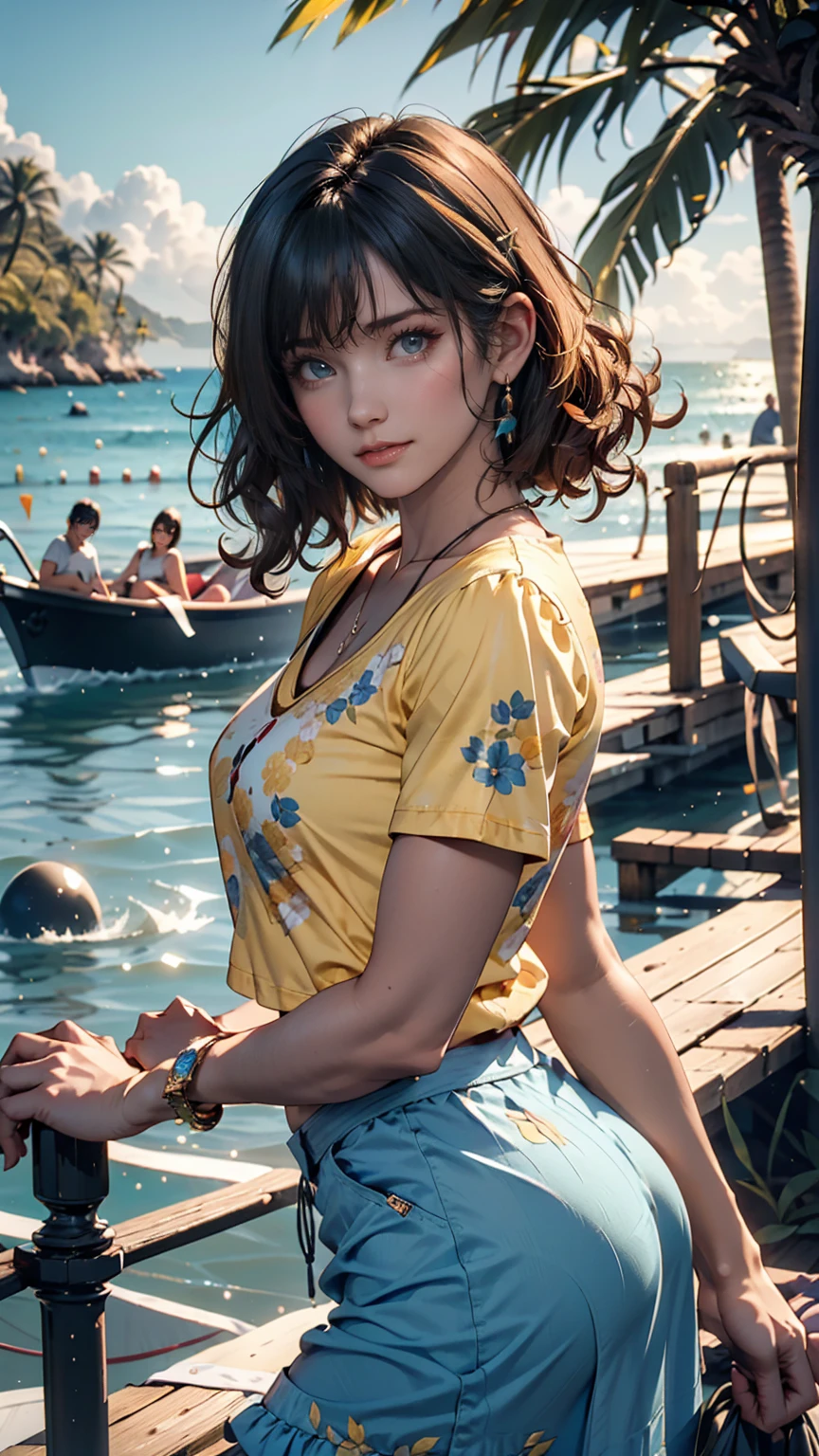 Ultra-realistic, 4K,  professional photography, 22-year-old girl, Black girl, Big Curly Hair,  high resolution on down,   detail face , Medium bodied, Yellow floral skirt, ( open blue shirt), masterpiece, (illumination), (1 Solo), Ocean Background, Realistic Background,   REAL PICTURES