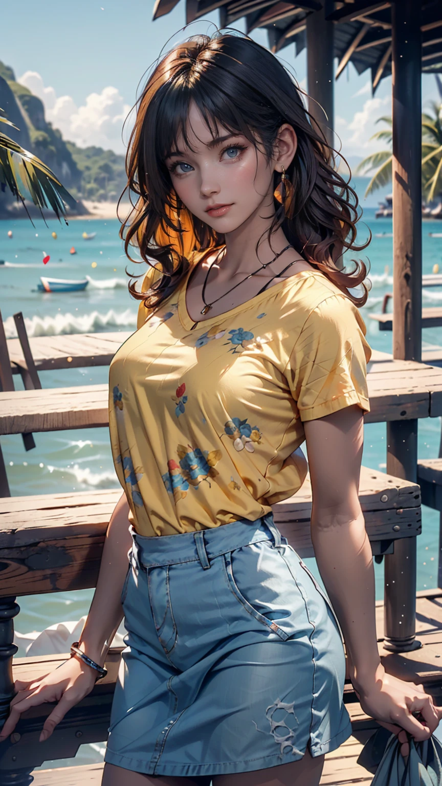 Ultra-realistic, 4K,  professional photography, 22-year-old girl, Black girl, Big Curly Hair,  high resolution on down,   detail face , Medium bodied, Yellow floral skirt, ( open blue shirt), masterpiece, (illumination), (1 Solo), Ocean Background, Realistic Background,   REAL PICTURES