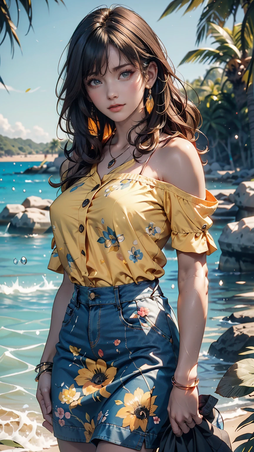 Ultra-realistic, 4K,  professional photography, 22-year-old girl, Black girl, Big Curly Hair,  high resolution on down,   detail face , Medium bodied, Yellow floral skirt, ( open blue shirt), masterpiece, (illumination), (1 Solo), Ocean Background, Realistic Background,   REAL PICTURES