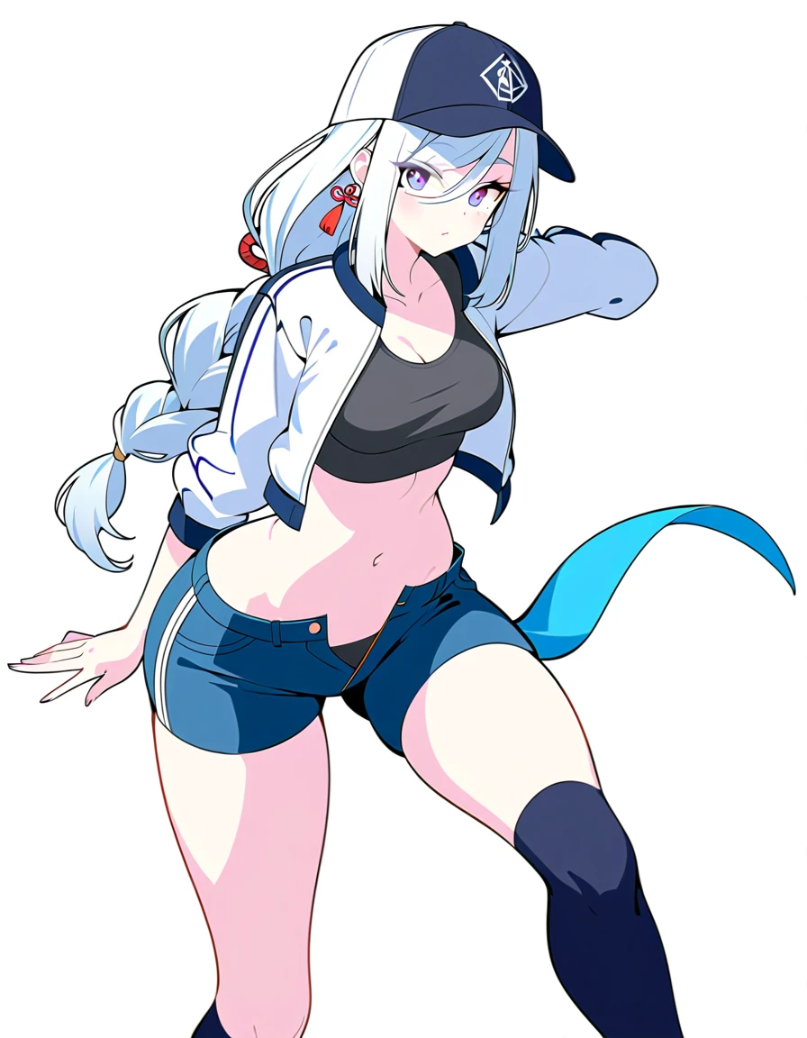 1girl, sitting, panties, midriff, crop_top, groin, solo, simple_background, smile, looking_at_viewer, blunt_bangs, small_breasts, hand_on_own_hip, busty, sports_bra, legs_together, smirk, long_hair, horns, legs_apart, socks, feet, arm_support, two-toned_hair,
<lora:homebrew_dashi3full-000006:0.8>,
