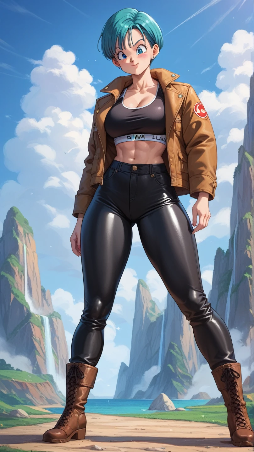 Masterpiece, alone, solo, Best Quality, Extremely detailed, shapely body, perfect body, perfect breasts, jacket, black pants, leather pants, leather boots, knee-high boots, stiletto boots, sports bra, bulma from dragon ball, standing (front) towards viewers