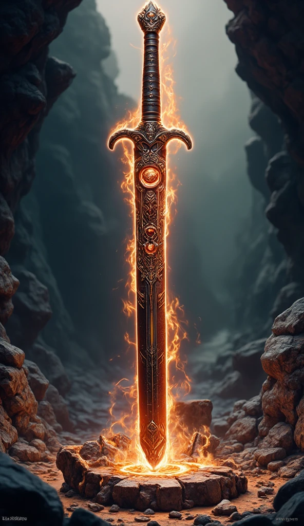 an epic katana, legendary katana sitting in a rocky stand, there are glowing runes on the katana, flames are reflected on the shining blade ,  hyp3rd3tail style