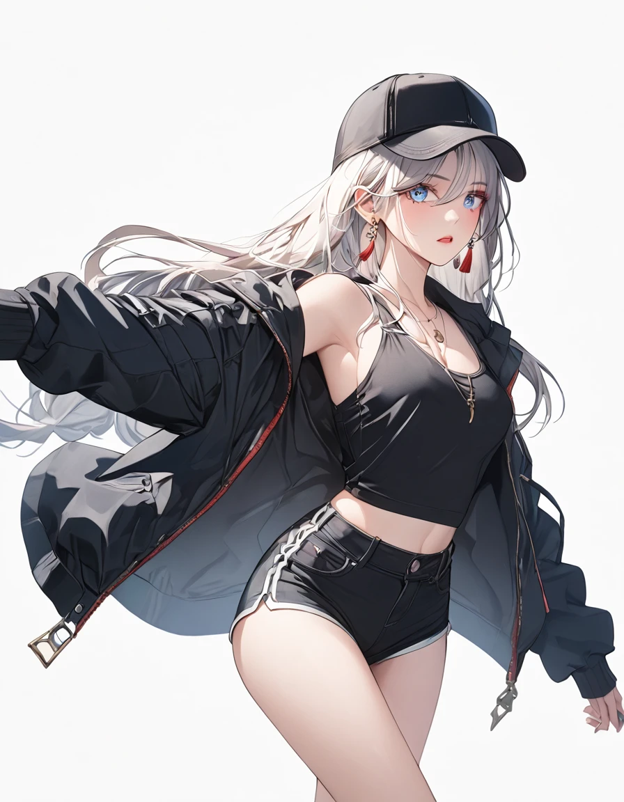 A woman with a baseball cap and a jacket, open jacket , wearing shorts ,extremely detailed anime style girl, seductive anime girl portrait, detailed facial features, , detailed clothing, studio lighting, 8k, high resolution, masterpiece, vibrant colors, dynamic composition, full body shot, dynamic pose, white background, shenhe, blue eyes, braided ponytail, earrings, eyelashes, eyeliner, eyes visible through hair, eyeshadow, hair between eyes, makeup, red eyeshadow, sidelocks, single earring, symbol-shaped pupils, tassel, tassel earrings, white hair, long hair, whole body
