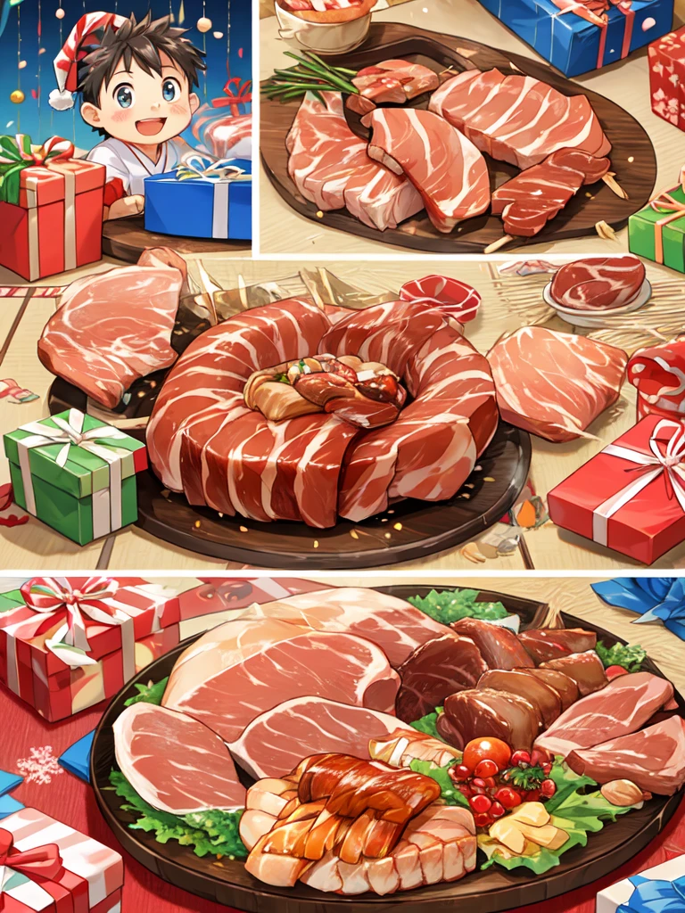 Illustrated Cartoons、Japanese Manga、 a boy talking about presents  、A birthday story 、  A four-frame comic depicting delicious meat、Delicious meat dishes as gifts、  happy face、  your smile is cute 、  a boy talking about meat  、