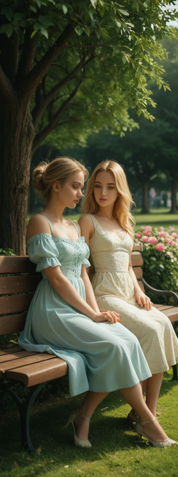 The beauty has long straight golden hair and wears a light blue chiffon dress. She was sitting on a park bench with her legs crossed, a book in one hand and the other gently resting on her lap. The expression is seductive and intellectual, and the skin is fair and transparent, seeming to radiate in the sun. The background is a tree-lined park with green grass and blooming flowers.
